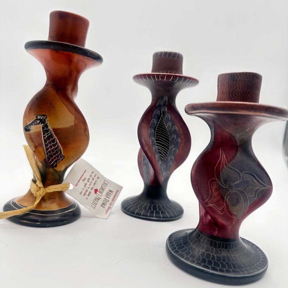THREE different size African Art - Hand carved Soap Stone Candle Holders - Kenya